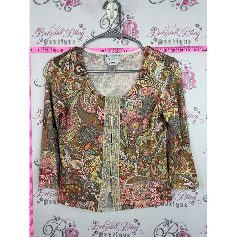 Talbots cardigan Paisley Embellished Button-Front pearls - Pink, Green, Brown